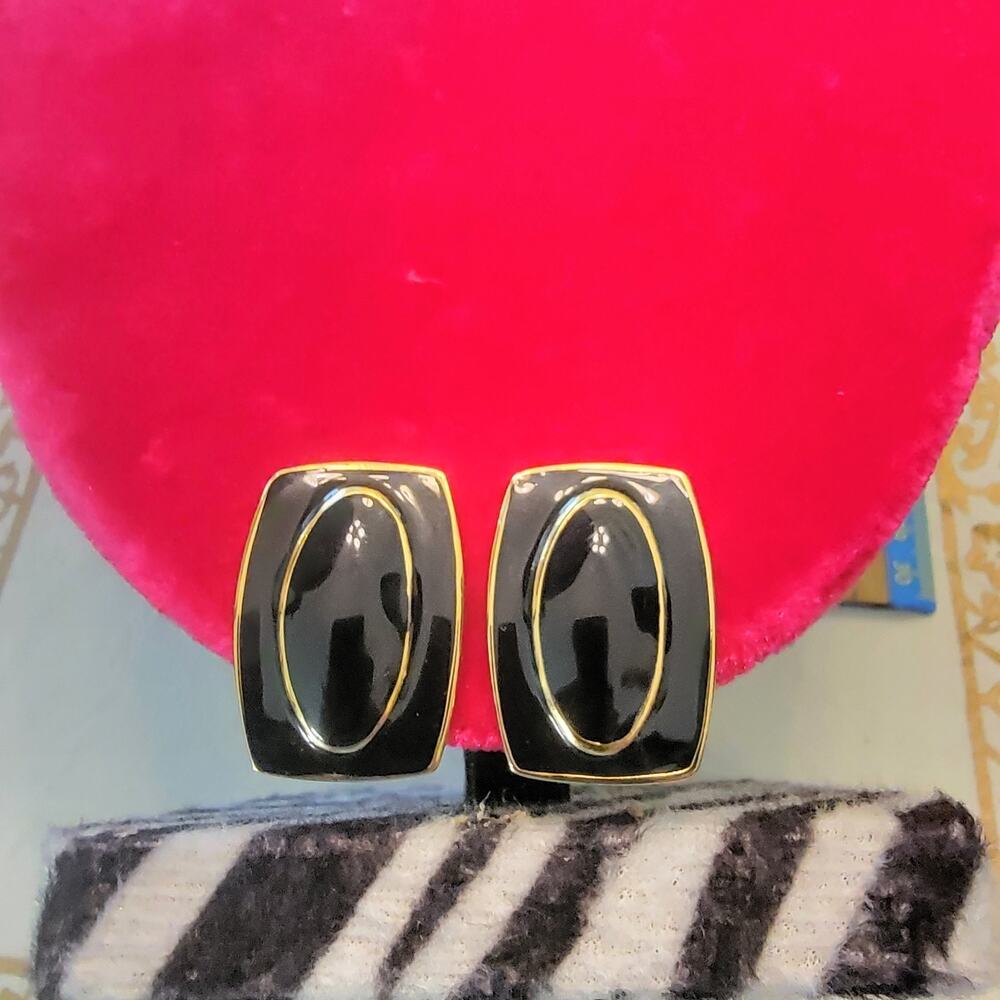 Vintage Signed MONET Goldtone Black Enamel Clip-On Earrings